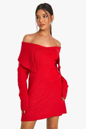 Red Soft Knit Oversized Collar Off The Shoulder Jumper Dress