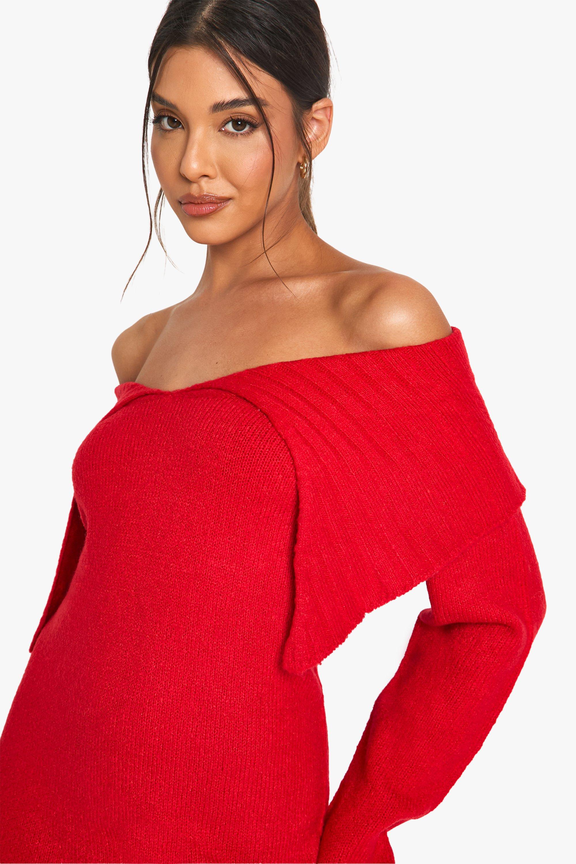 Boohoo Women s Soft Knit Oversized Collar Off The Shoulder Jumper Dress