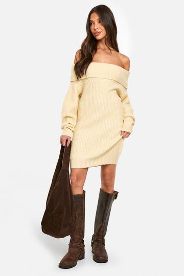 Stone Beige Wide Rib Bardot Neckline Mini Jumper Dress