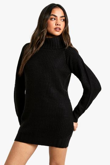 Black Wide Rib Bardot Neckline Mini Jumper Dress