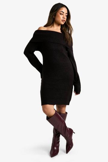 Black Rib Bardot Neckline Mini Jumper Dress