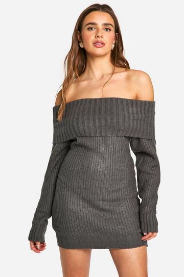 Geribbelde Mini Trui Jurk Met Uitgesneden Hals charcoal