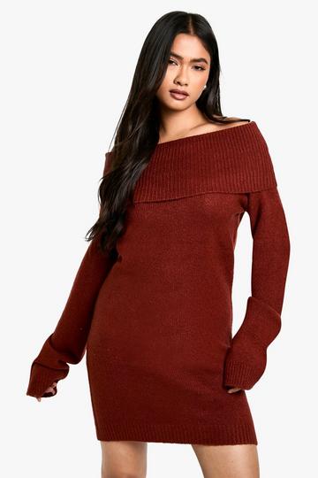 Rib Bardot Neckline Mini Jumper Dress chocolate