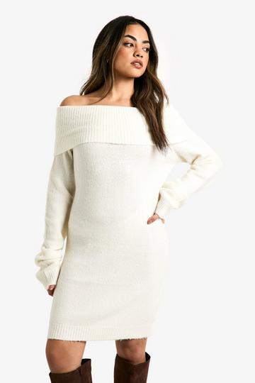 Rib Bardot Neckline Mini Jumper Dress ecru