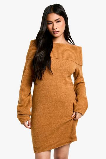 Camel Beige Geribbelde Mini Trui Jurk Met Uitgesneden Hals