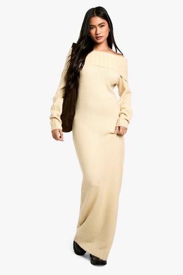 Premium Oversized Bardot Neckline Maxi Jumper Dress stone