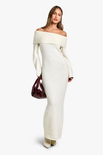 Premium Oversized Rib Bardot Neckline Soft Knit Jumper Dress ecru