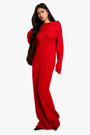 Premium Oversized Rib Bardot Neckline Soft Knit Jumper Dress red