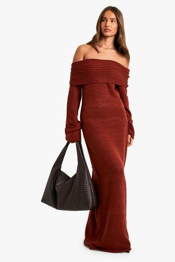 Premium Oversized Rib Bardot Neckline Soft Knit Jumper Dress chocolate