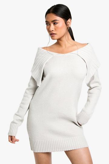 Soft Knit Oversized Collar Off The Shoulder Jumper Dress grey