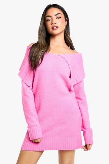 Soft Knit Oversized Collar Off The Shoulder Sweater Dress pink