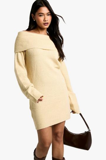 Stone Beige Rib Bardot Neckline Mini Jumper Dress