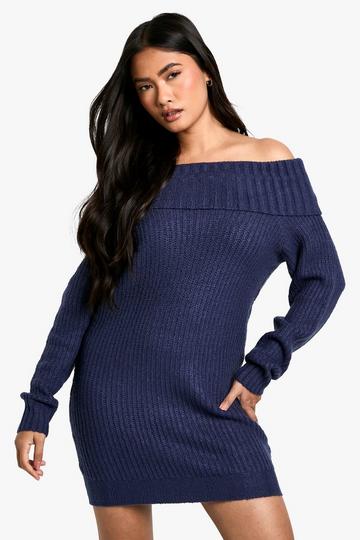 Wide Rib Off The Shoulder Neckline Mini Sweater Dress navy