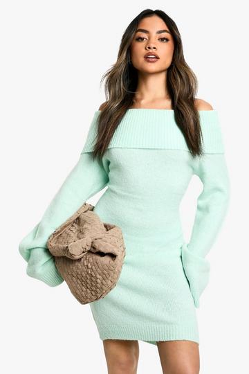 Rib Off The Shoulder Neckline Mini Sweater Dress mint