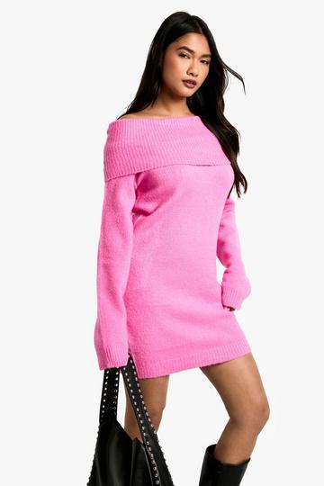 Rib Bardot Neckline Mini Jumper Dress pink