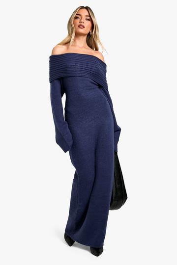 Premium Oversized Rib Bardot Neckline Soft Knit Jumper Dress navy