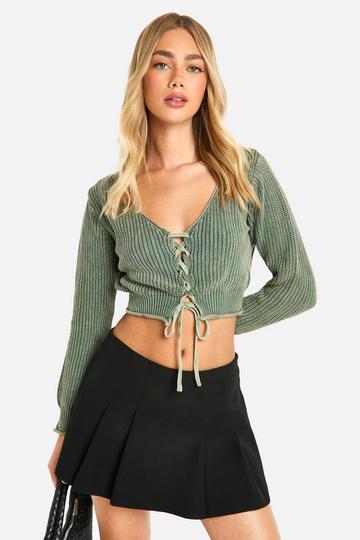 Acid Wash Lace Up Crop Cardigan khaki