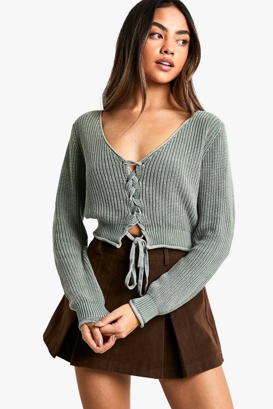 Acid Wash Lace Up Crop Cardigan | boohoo USA Acid Wash Lace Up Crop Cardigan | boohoo USA