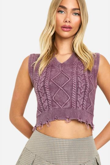 Acid Wash Gebleekte Grof Gebreide Tank Top Met V-Hals mauve