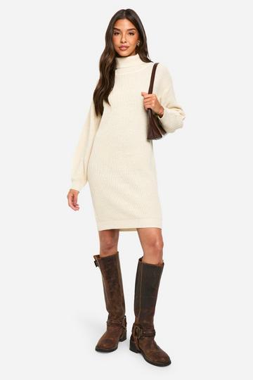 Stone Beige Basic Roll Neck Jumper Dress