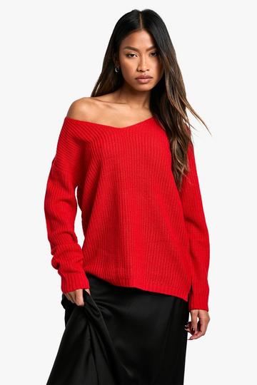 Basic V Neck Jumper red