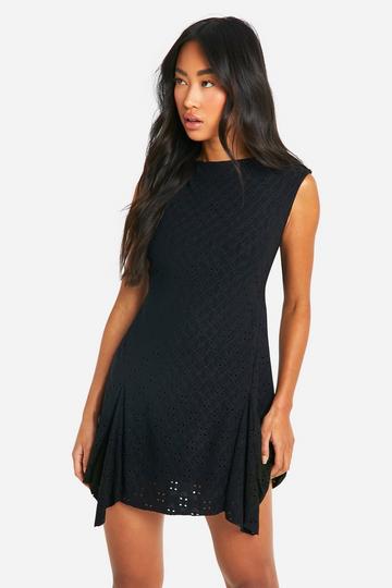 Black Eyelet Godet Mini Dress