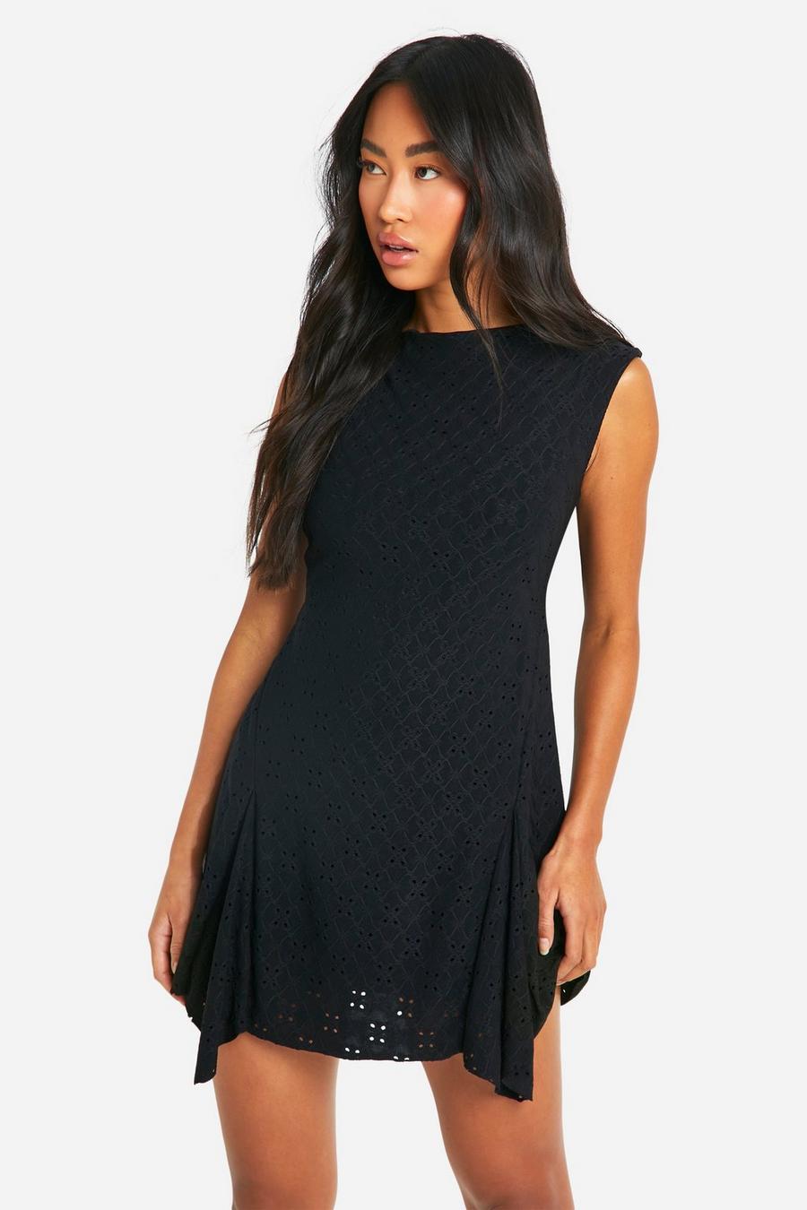 Black Broderie Godet Mini Dress