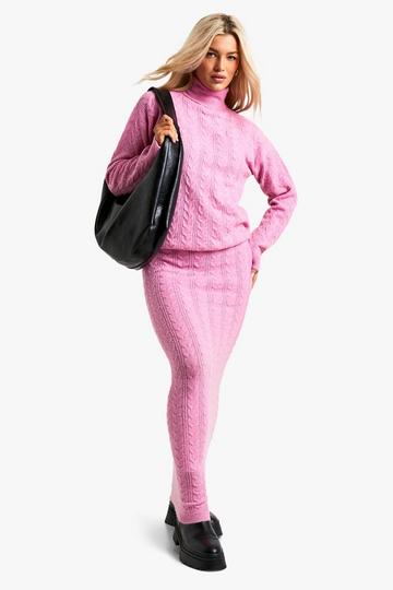 Soft Cable Turtleneck Jumper And Maxi Skirt Co-Ord pink