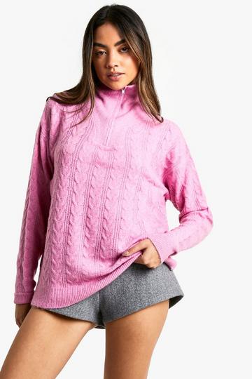 Soft Cable Funnel Neck Jumper pink