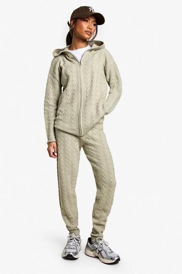 Soft Cable Zip Through Hoody Knitted Tracksuit stone