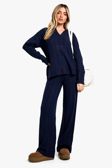 Navy Soft Cable Knit Polo Collar Jumper And Wide Leg Trouser Co-ord