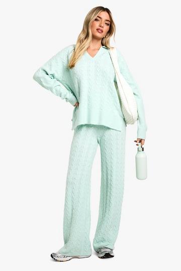 Zachte Grof Gebreide Trui Met Polo Kraag En Wide Leg Broek Set mint