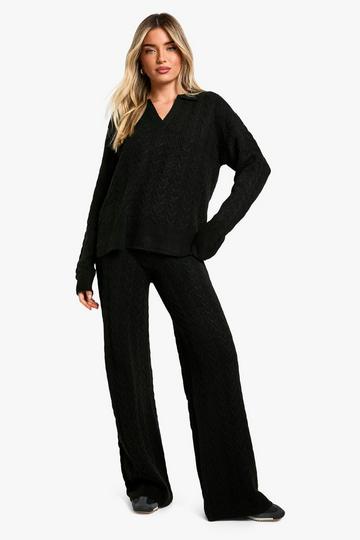 Soft Cable Knit Polo Collar Jumper And Wide Leg Pants Co-Ord black