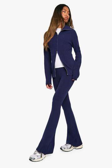 Premium Geribbelde Gebreide Trui Met Dubbele Rits En Broek Met Puddle Zoom navy