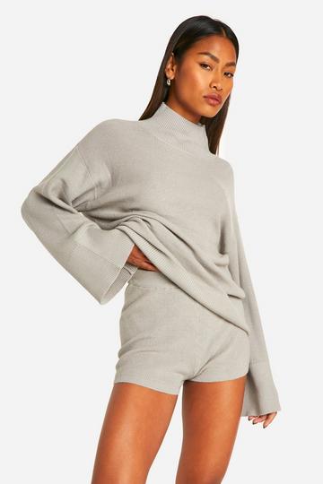 Grey Premium Rib Knitted Oversized High Neck Jumper And Knitted Short Set