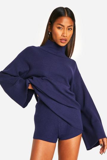 Premium Rib Knitted Oversized High Neck Jumper And Knitted Short Set navy