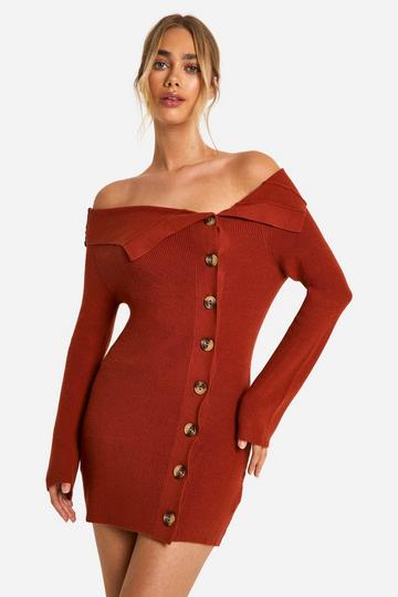 Premium Rib Knit Foldover Detail Button Down Mini Dress rust