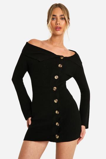 Black Premium Rib Knit Foldover Detail Button Down Mini Dress