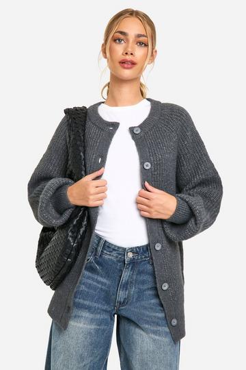 Knitted Oversized Boxy Button Front Cardigan charcoal