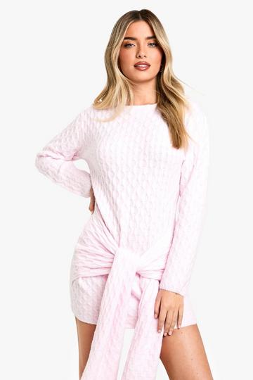 Soft Cable Oversized Tie Detail Knitted Mini Dress pink