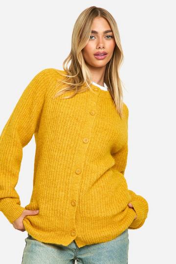 Knitted Oversized Boxy Button Front Cardigan mustard