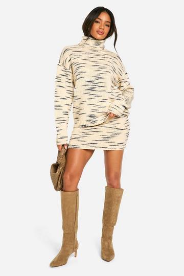 Stone Beige Premium Marl Knitted Roll Neck Jumper And Mini Skirt Set