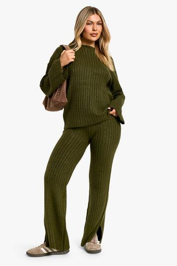 Khaki Soft Knit Thick Rib Crew Neck Oversized Jumper And Knitted Trouser Set