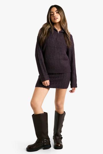 Zachte Gebreide Dik Geribbelde Oversized Trui Met Hals Rits En Mini Rokje Set purple