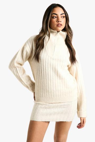 Soft Knit Thick Rib Zip Neck Oversized Jumper And Mini Skirt Set ecru