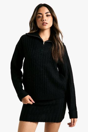 Soft Knit Thick Rib Zip Neck Oversized Jumper And Mini Skirt Set black