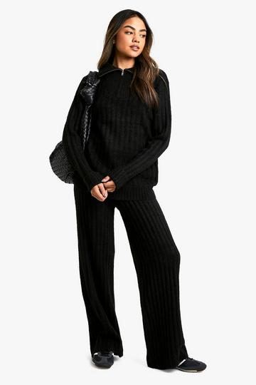 Soft Knit Thick Rib Zip Neck Oversized Jumper And Wide Leg Trouser Set black