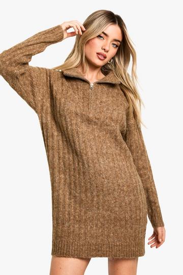 Camel Beige Zachte Gebreide Dik Geribbelde Oversized Mini Jurk Met Hals Rits