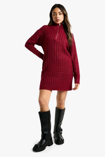 Soft Knit Thick Rib Zip Neck Oversize Mini Dress berry