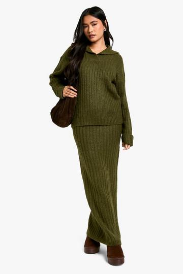 Khaki Soft Knit Thick Rib Collar Detail Jumper And Maxi Skirt Set